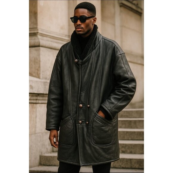 Men's Long Black Leather Shearling Coat  Vintage Double-Breasted Winter Jacket L - Picture 1 of 16
